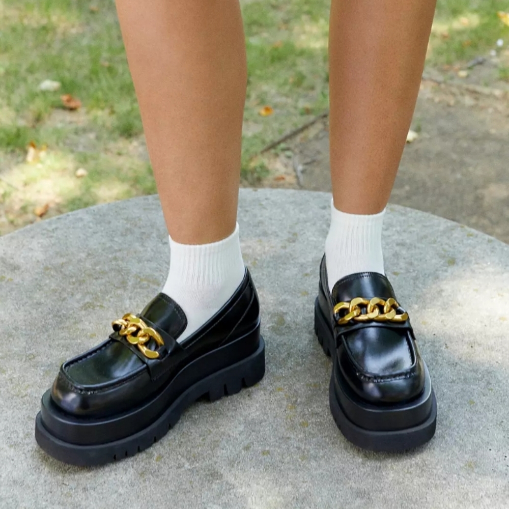 Jeffrey Campbell Black Loafers with Gold Chain